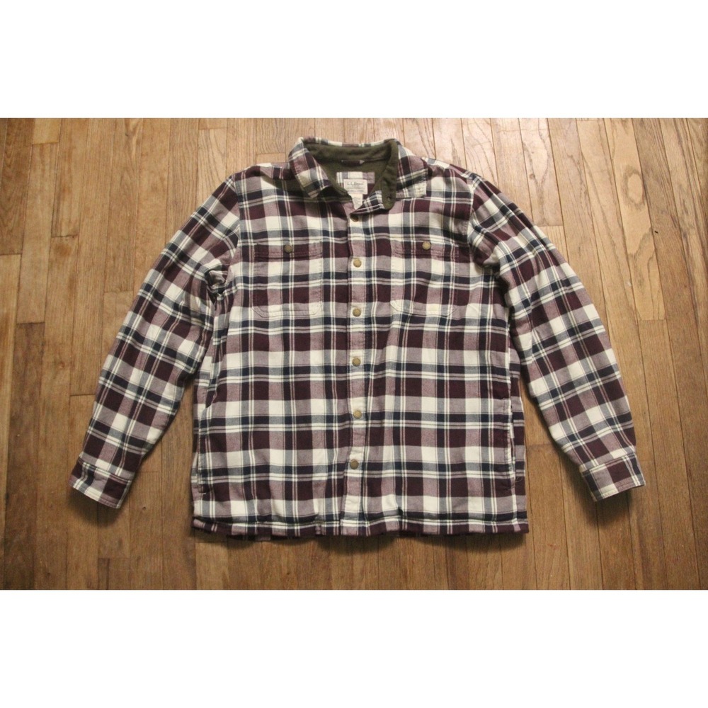 L.L.Bean Mens Plaid Flannel Fleece Lined Barn  Coat Shacket Large Burgundy Cozy